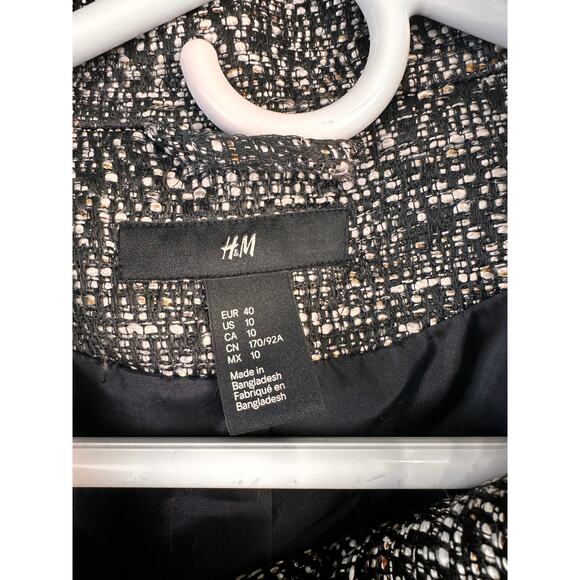 H&M Tweed Blazer Womens Pea Coat 10 Black White Tan Two Button Double Breasted - Picture 6 of 7